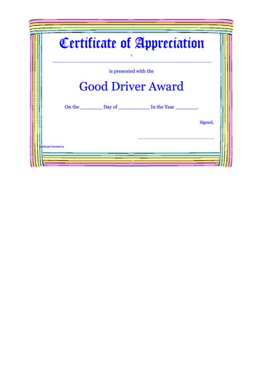 Certificate Of Appreciation - Good Driver Template Printable pdf