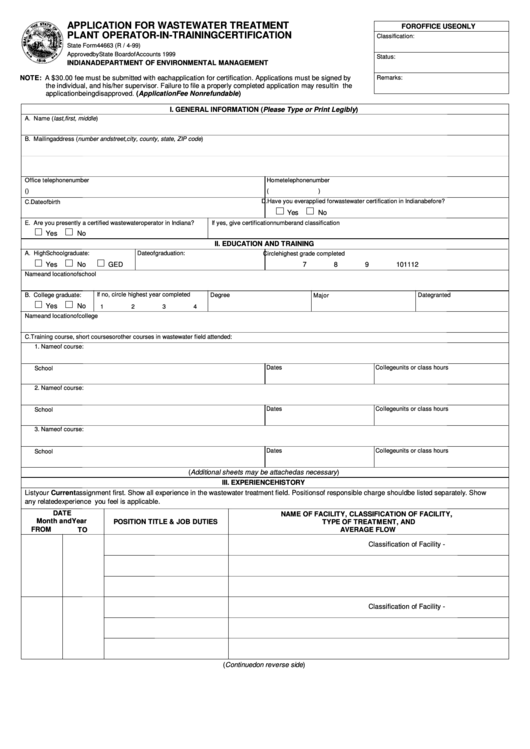 Fillable Form 44663 - Application For Wastewater Treatment Plant Operator-In-Training Certification - State Of Indiana Printable pdf