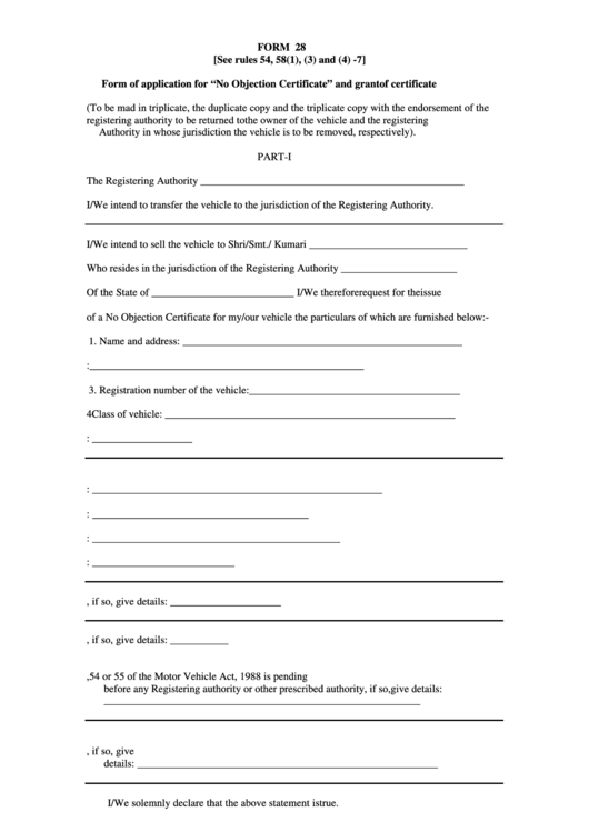 Form 28 - Application For "No Objection Certificate" And Grant Of Certificate Printable pdf