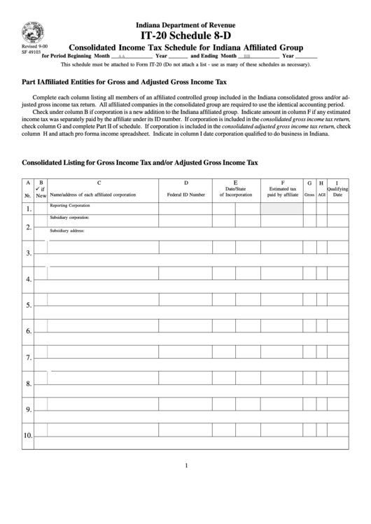 Form It-20 - Schedule 8-D - Consolidated Income Tax Schedule For Indiana Affiliated Group Printable pdf