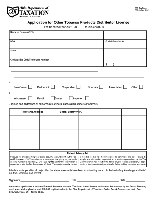 Form Otp-1 - Application For Other Tobacco Products Distributor License - State Of Ohio - 2002 Printable pdf