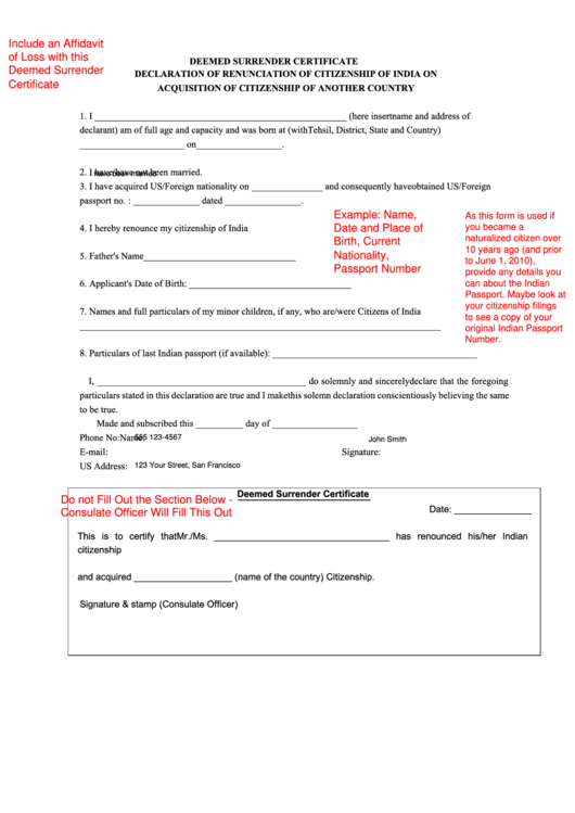 Fillable Deemed Surrender Certificate Form - Declaration Of Renunciation Of Citizenship Of India On Acquisition Of Citizenship Of Another Country Printable pdf