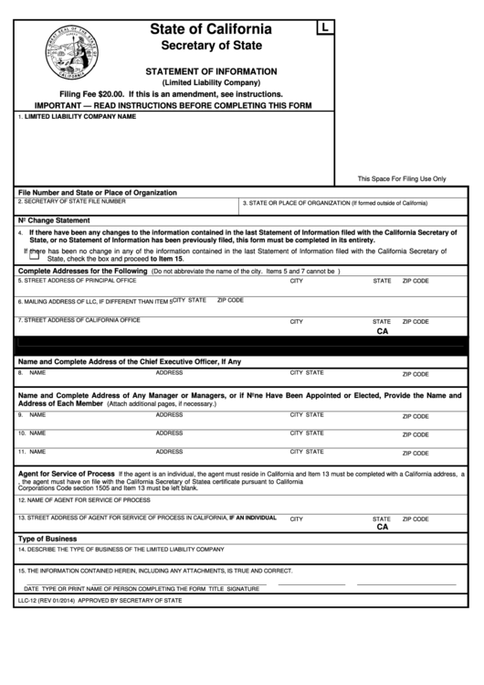 Fillable Form Llc-12 - Statement Of Information - State Of California (2014) Printable pdf