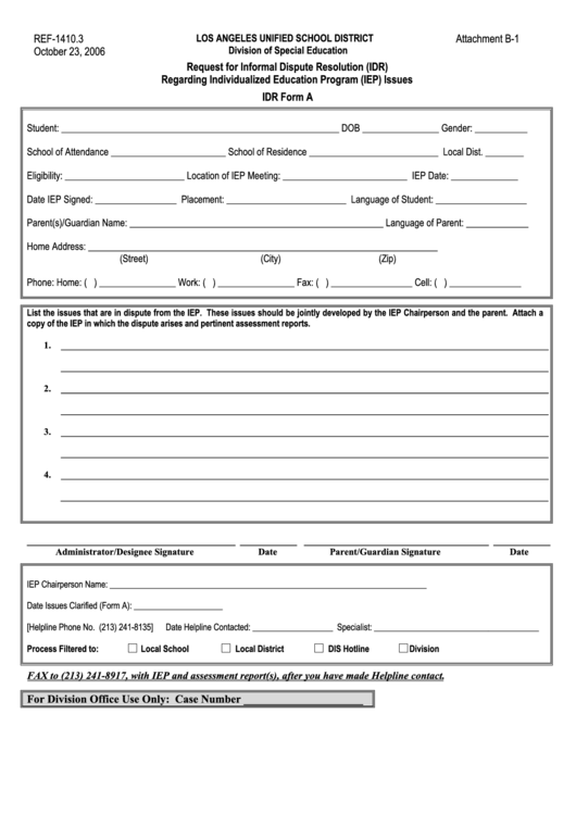 Idr Form A - Request For Informal Dispute Resolution (Idr) Regarding Individualized Education Program (Iep) Issues Printable pdf
