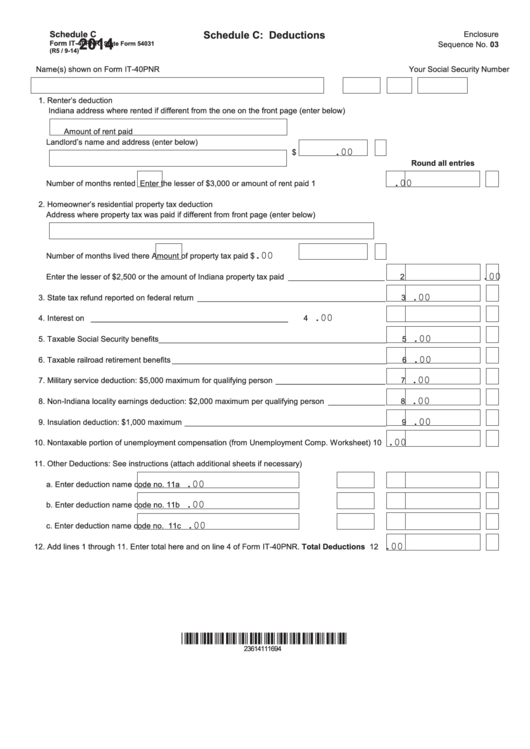 Fillable Form It-40pnr - Schedule C: Deductions - 2014 Printable pdf