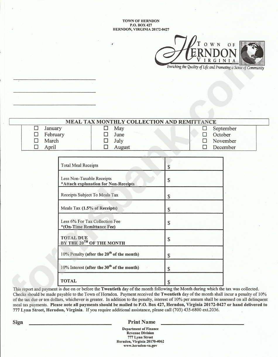 Meal Tax Monthly Collection And Remittance Form - Town Of Herndon