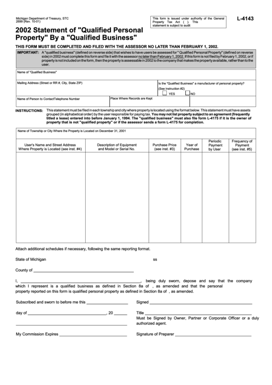 Form L-4143 - Statement Of "Qualified Personal Property" By A "Qualified Business" - 2002 Printable pdf