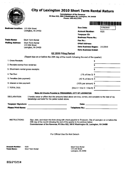 Short Term Rental Return Form - City Of Lexington 2010 Printable pdf