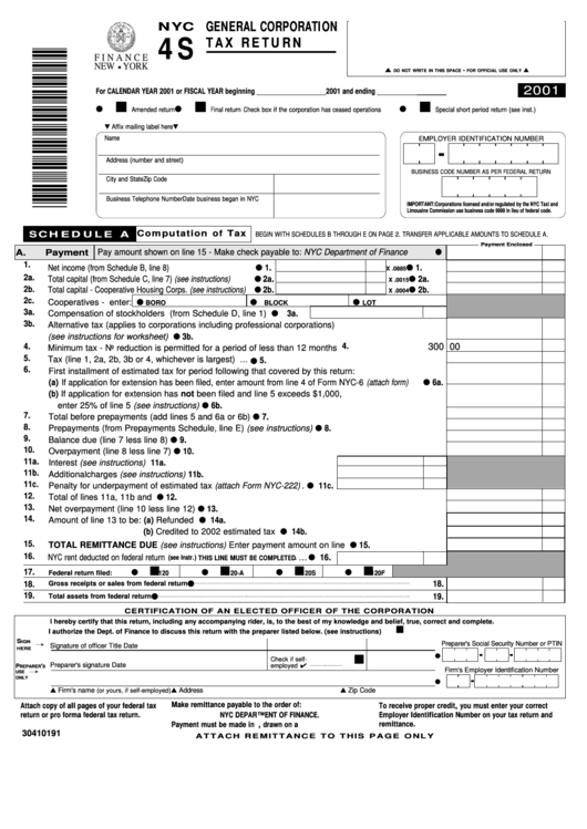Form Nyc-4s - General Corporation Tax Return - 2001 Printable pdf