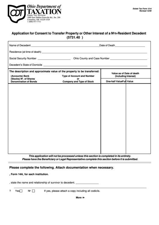 Estate Tax Form 12-A - Application For Consent To Transfer Property - 2000 Printable pdf