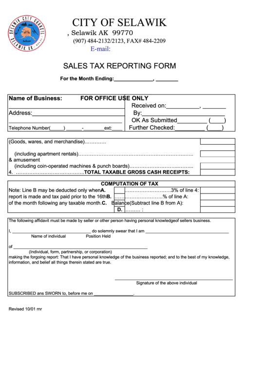 Sales Tax Reporting Form - State Of Alaska Printable pdf