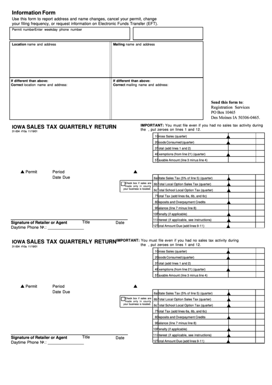 Form 31-004 Rf10b - Iowa Sales Tax Quarterly Return Printable pdf