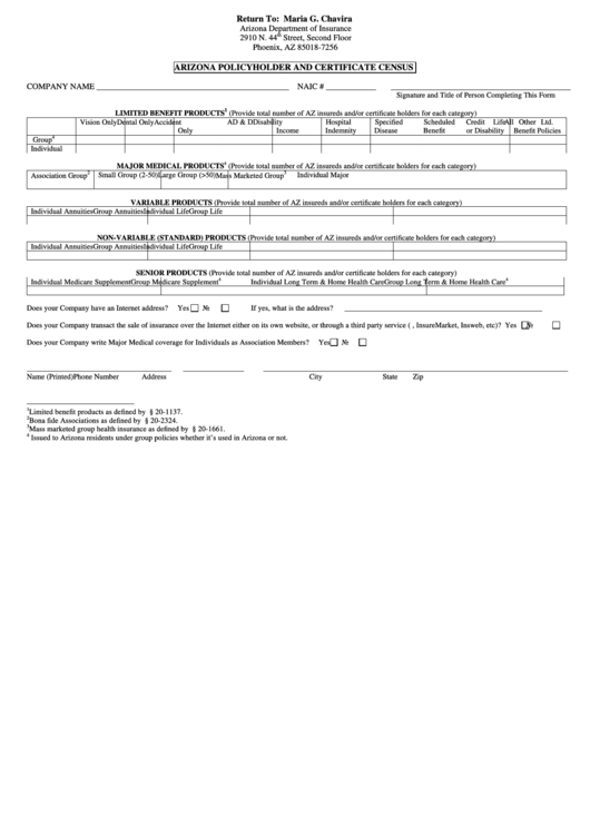Arizona Policyholder And Certificate Census Sheet Printable pdf