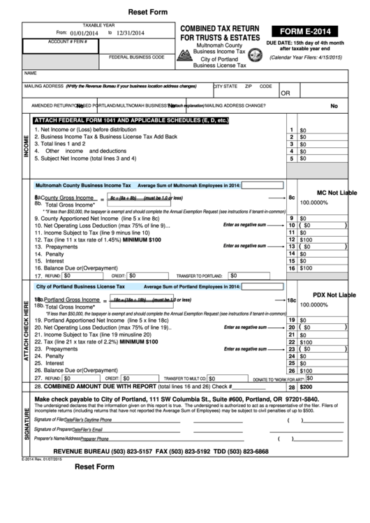 Fillable Form E-2014 - Combined Tax Return For Trusts & Estates ...