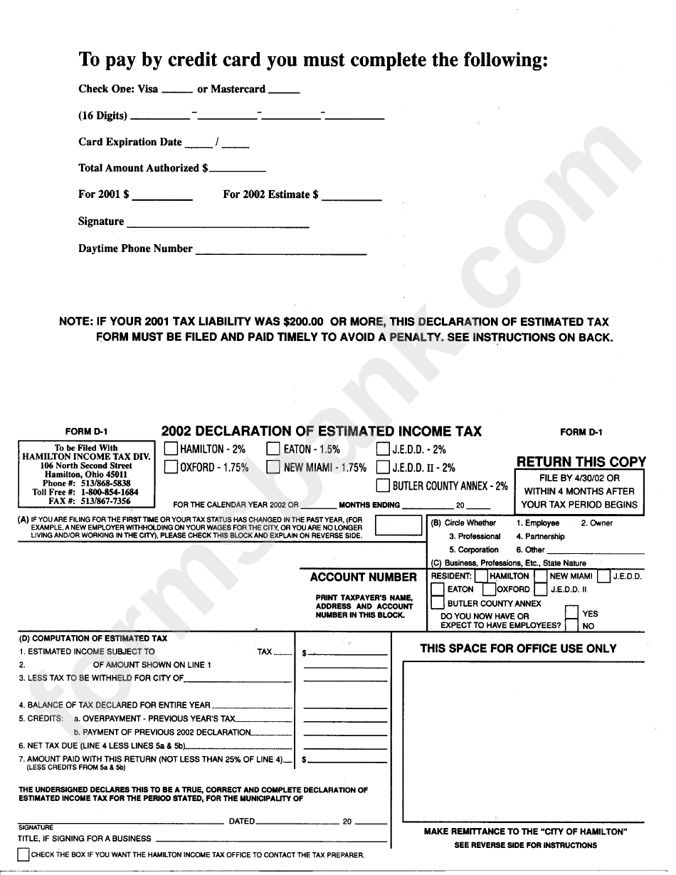 Form D-1 - Declaration Of Estimated Income Tax - 2002