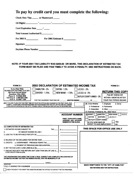 Form D-1 - Declaration Of Estimated Income Tax - 2002 Printable pdf