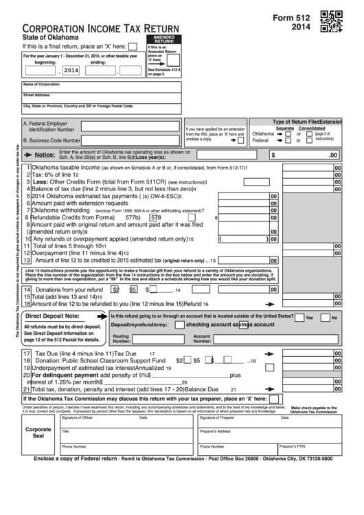 Fillable Form 512 - Corporation Income Tax Return - 2014 Printable pdf