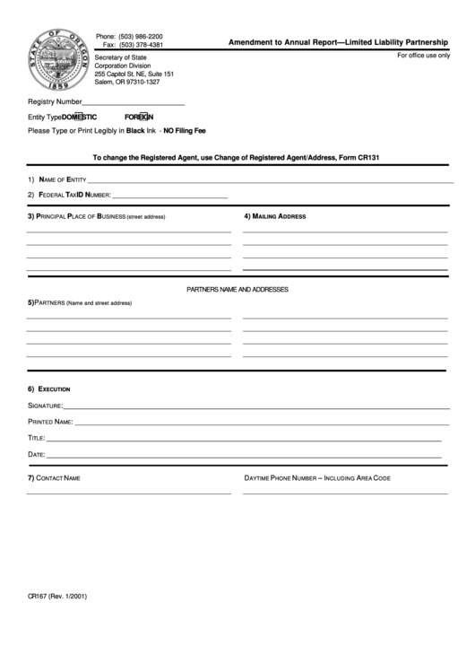 Fillable Form Cr167 - Amendment To Annual Report - Limited Liability Partnership - State Of Oregon Printable pdf