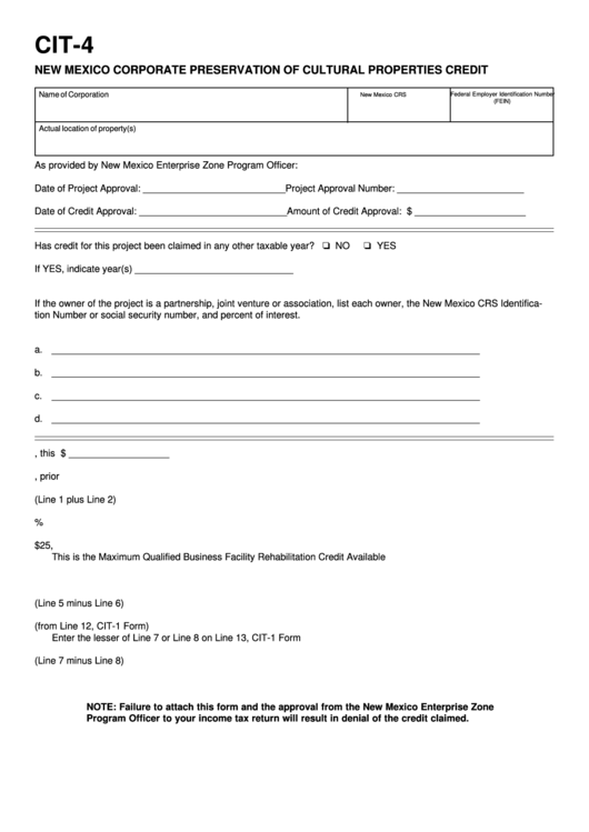 Fillable Form Cit-4 - New Mexico Corporate Preservation Of Cultural Properties Credit Printable pdf