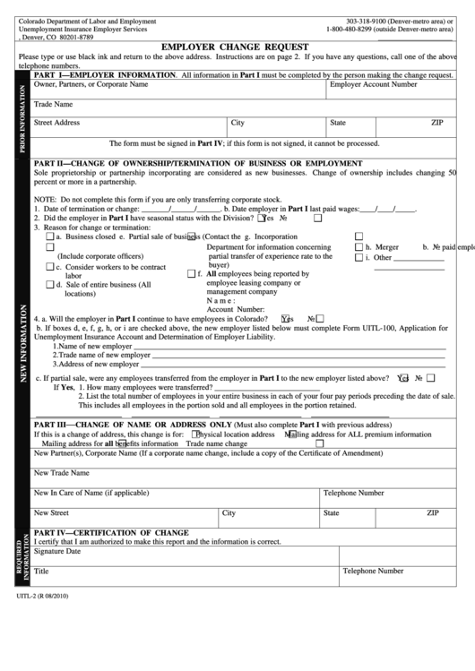 Fillable Form Uitl-2 - Employer Change Request Printable pdf