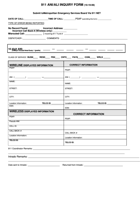 911 Ani/ali Inquiry Form (10/19/06) - Metropolitan Emergency Services Board Printable pdf