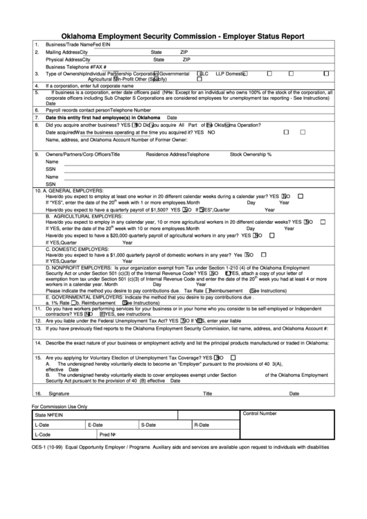 Form Oes-1 - Oklahoma Employment Security Commission - Employer Status Report Printable pdf