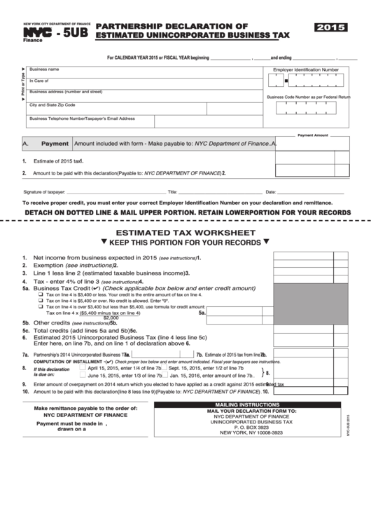 Form Nyc-5ub - Partnership Declaration Of Estimated Unincorporated Business Tax - 2015 Printable pdf