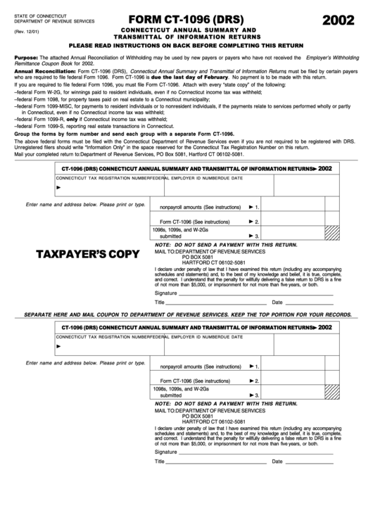 Form Ct-1096 (Drs) - Connecticut Annual Summary And Transmittal Of Information Returns - 2002 Printable pdf