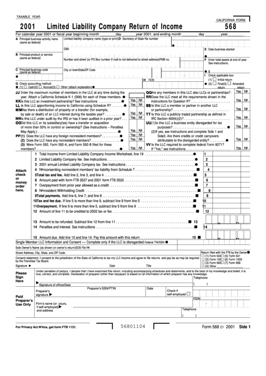 California Form 568 - Limited Liability Company Return Of Income - 2001 Printable pdf