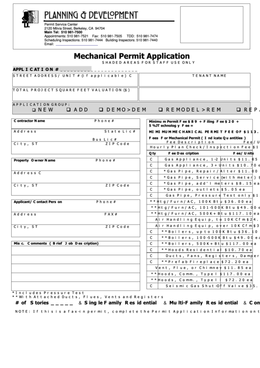 Mechanical Permit Application Mechanical Form Printable pdf