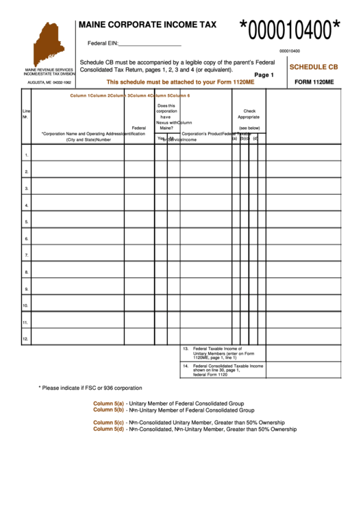 Schedule Cb Form 1120me - Maine Corporate Income Tax Printable pdf