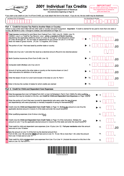 Form D-400 Tc - 2001 Individual Tax Credits - Sate Of North Carolina Printable pdf