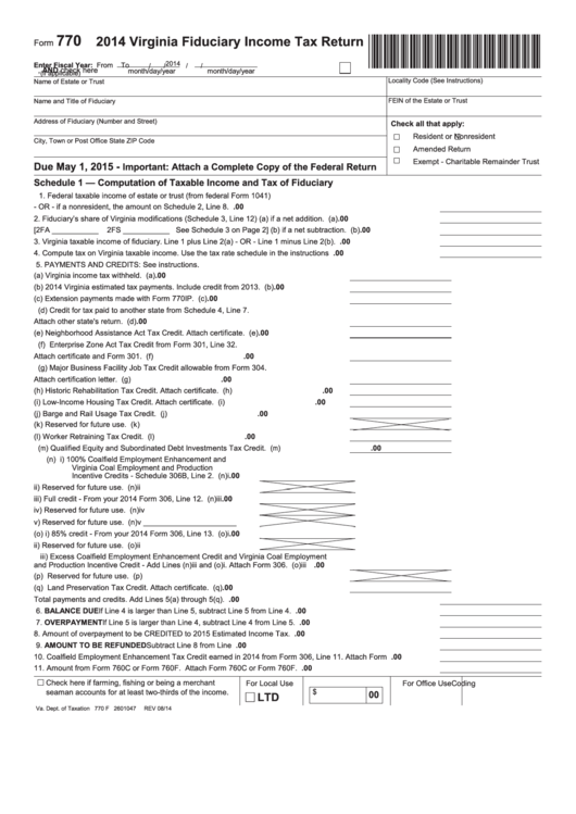 Form 770 - Virginia Fiduciary Income Tax Return - 2014 Printable pdf