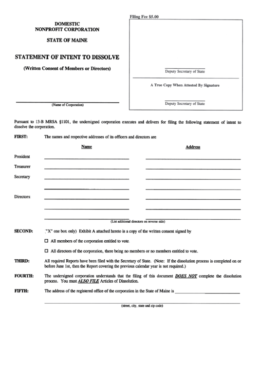 Form Mnpca-11 - Statement Of Intent To Dissolve Printable pdf