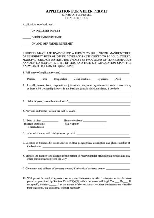 Application For A Beer Permit Form Printable pdf
