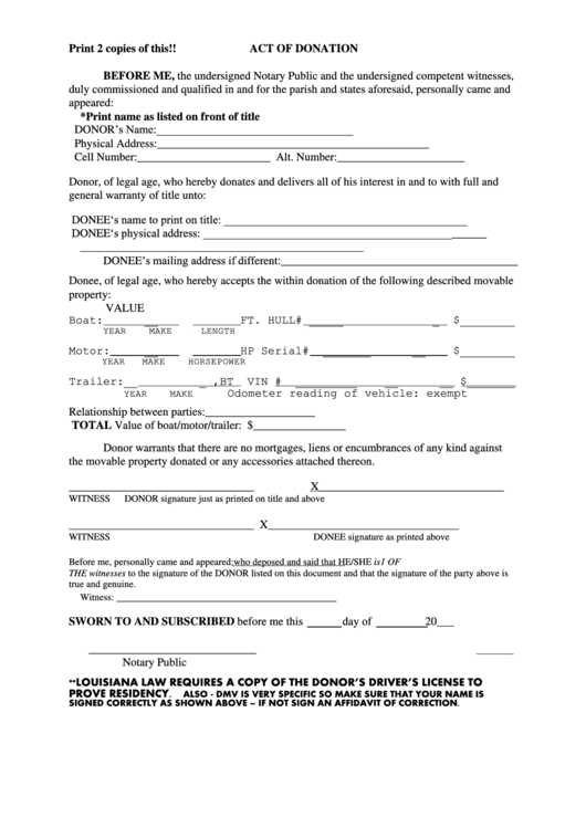 Act Of Donation Form printable pdf download