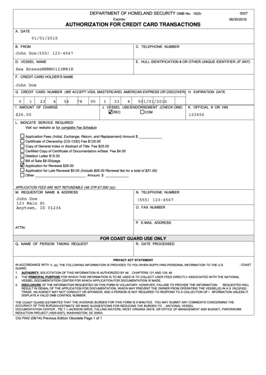 Form Cg7042 - Authorization For Credit Card Transactions - Department Of Homeland Security Printable pdf