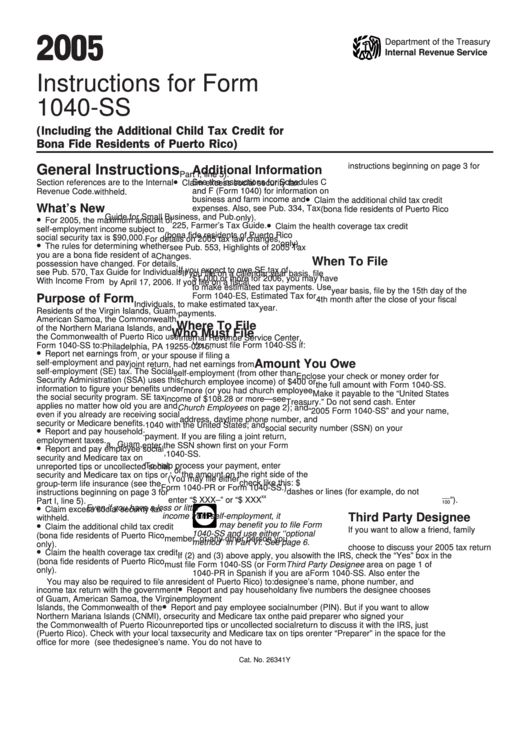 Instructions For Form 1040-Ss - U.s. Self-Employment Tax Return (Including The Additional Child Tax Credit For Bona Fide Residents Of Puerto Rico) - Internal Revenue Service - 2005 Printable pdf
