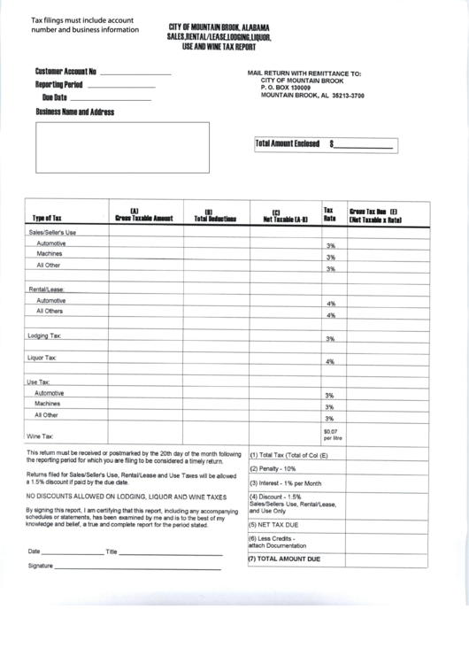 Sales, Rental/lease, Lodging, Liquior, Use And Wine Tax Report Form Printable pdf