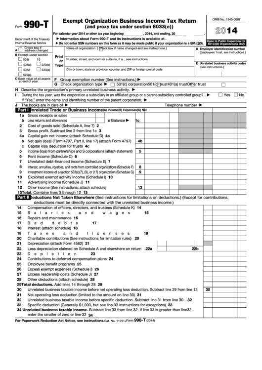 Fillable Form 990-T - Exempt Organization Business Income Tax Return - 2014 Printable pdf