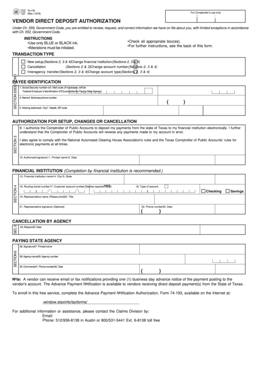 Fillable Form 74-176 - Vendor Direct Deposit Authorization - 2005 Printable pdf