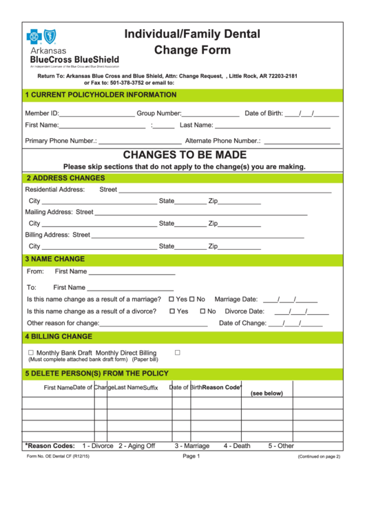 Individual And Family Dental Change Form (Start Date Of January 1, 2014 Or Later) - Arkansas Blue Cross And Blue Shield Printable pdf