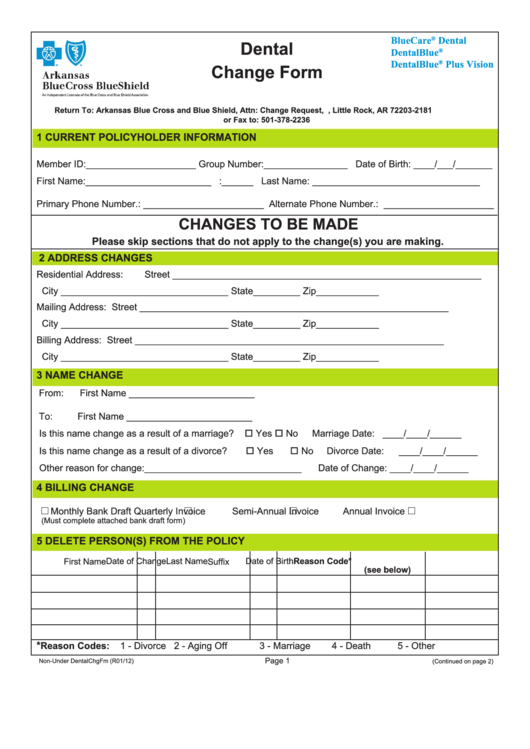 Dental Change Form - Arkansas Blue Cross And Blue Shield Printable pdf