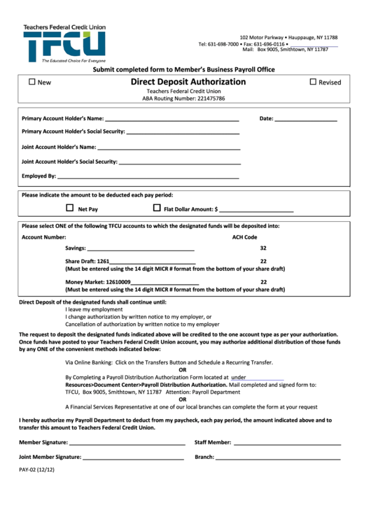 Fillable Direct Deposit Authorization Form - Teachers Federal Credit Union Printable pdf