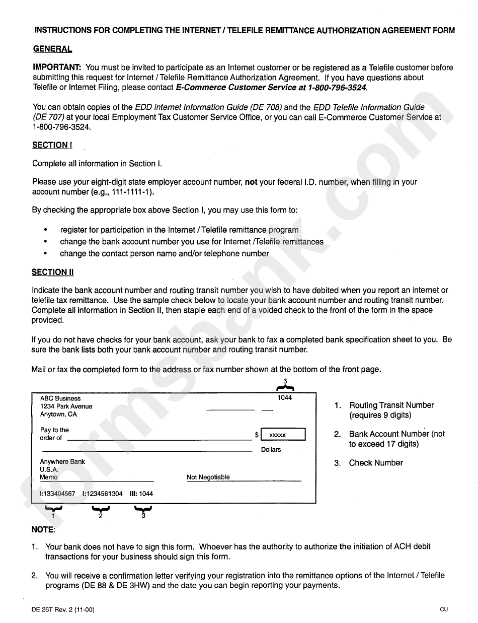 Internet / Telefile Remittance Authorization Agreement Form - Instructions