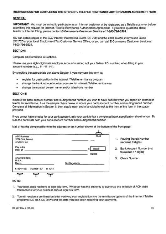 Internet / Telefile Remittance Authorization Agreement Form - Instructions Printable pdf
