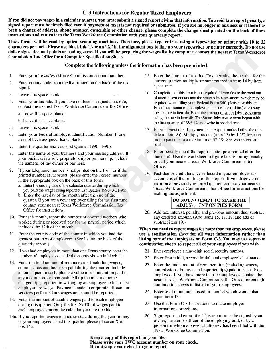 Form C-3 - Instructions For Regular Taxed Employers
