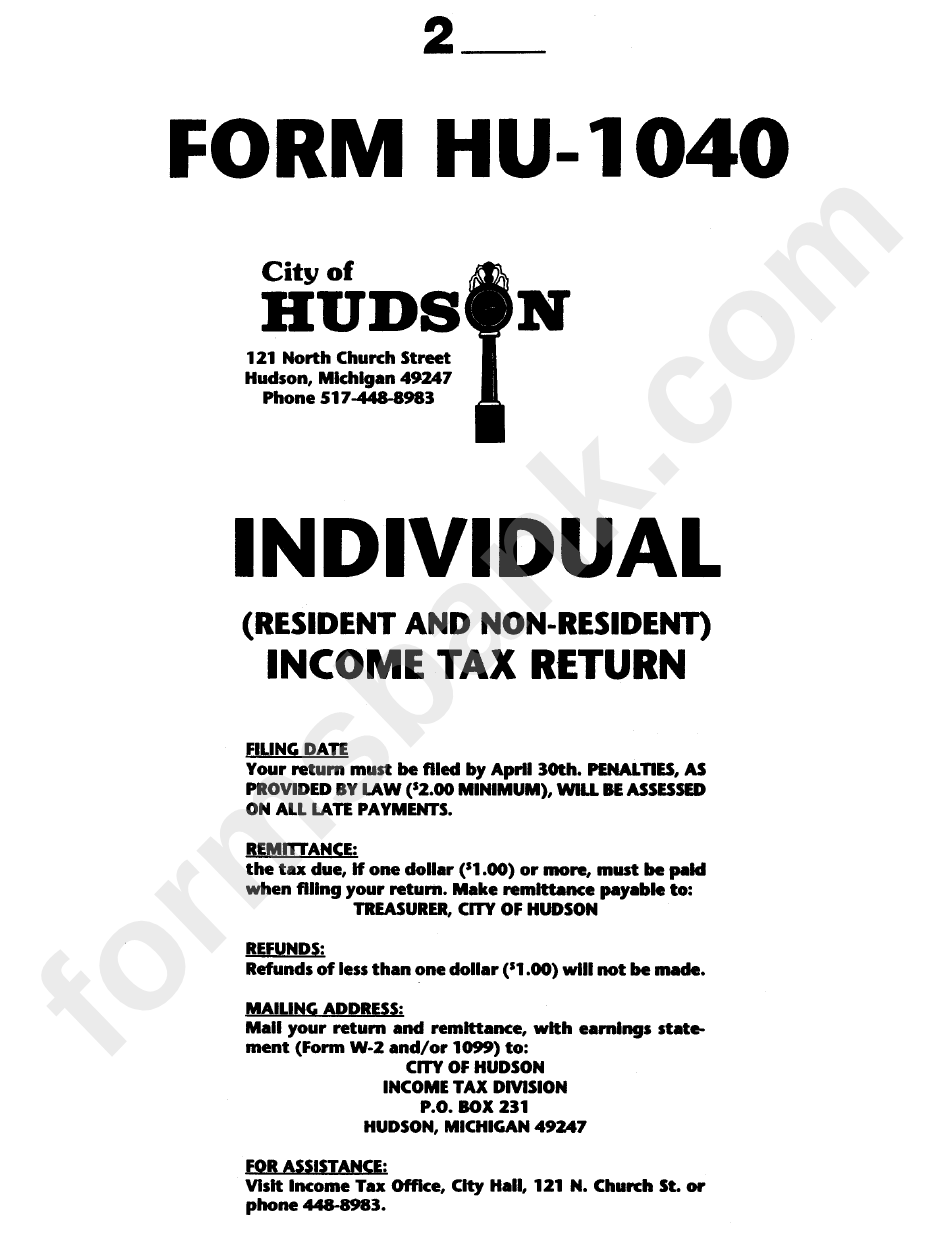 Form Hu-1040 - Individual Income Tax Return - Instructions - City Of Hudson