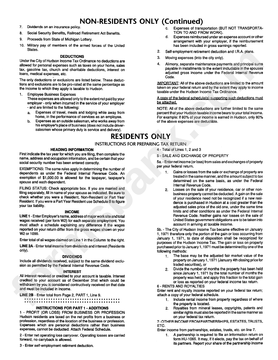 Form Hu-1040 - Individual Income Tax Return - Instructions - City Of Hudson