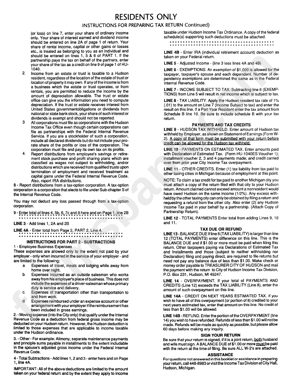 Form Hu-1040 - Individual Income Tax Return - Instructions - City Of Hudson